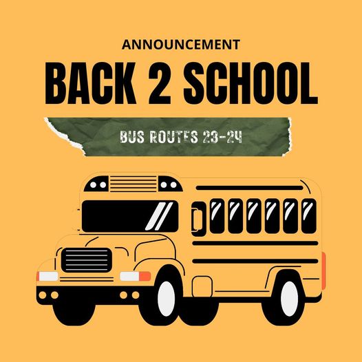 Picture of a bus on yellow background with words Back to School Bus Routes